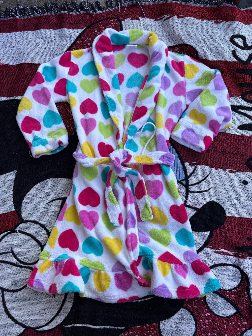 VINTAGE Y2K KOMAR KIDS MULTICOLORED HEART FLEECE ROBE SIZE LARGE 10/12